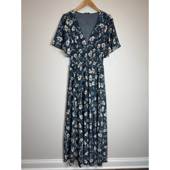 Baltic Born Maxi Dress Blue Floral V-Neck Flutter Sleeve Smock Sz Medium - Picture 1 of 9